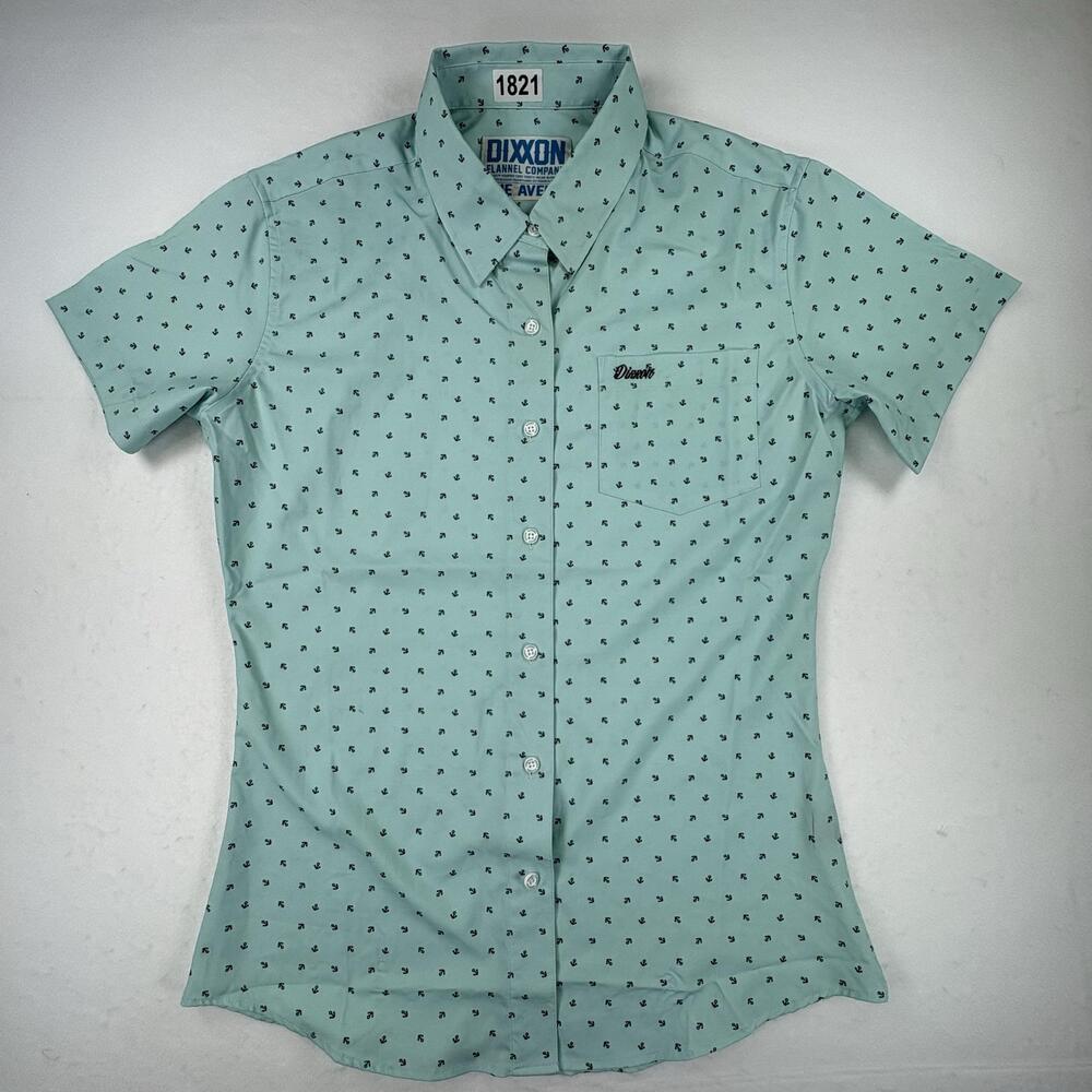 Dixxon Shirt Womens Large Green Anchor Print Short Sleeve Button Up Avery